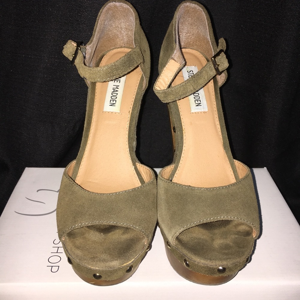 Studded wood/suede heels